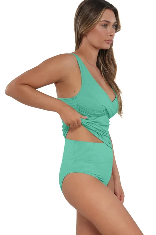 Sunsets Aqua Mist Sandbar Rib Elsie Tankini Top< Plus Size | Underwire